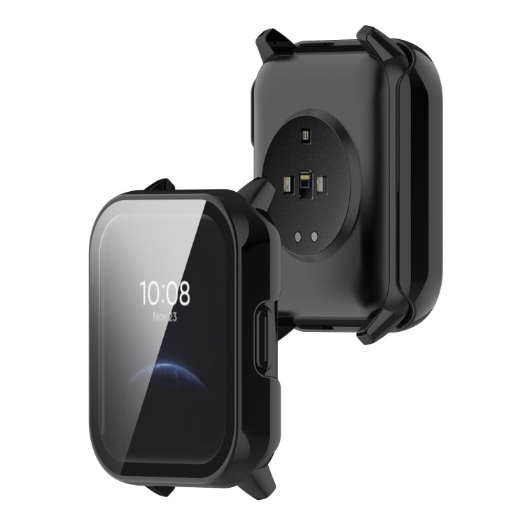 Black watch case with integrated toughened film and back opening for ports.