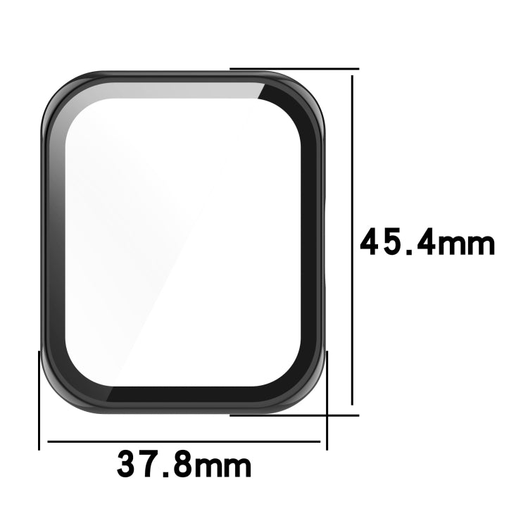 Black watch case front with rounded square screen window and protective film cover