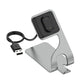 Grey magnetic fast-charging stand with USB cable and watch cradle, side view.