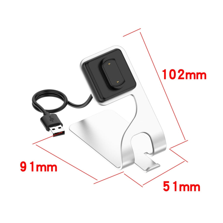 Silver magnetic fast-charging stand with USB cable and watch cradle, front view.