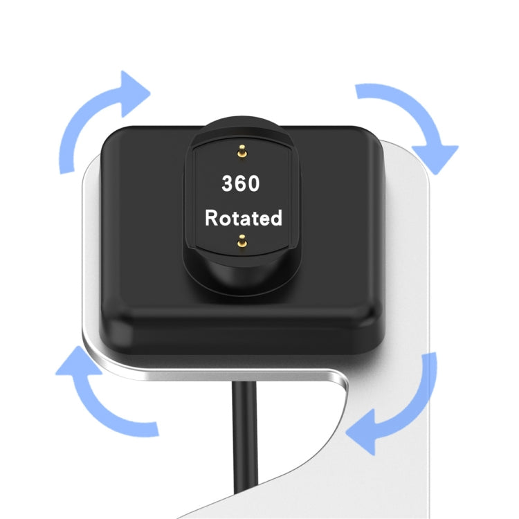 Black magnetic charging stand with rotating 360° cradle, top view.