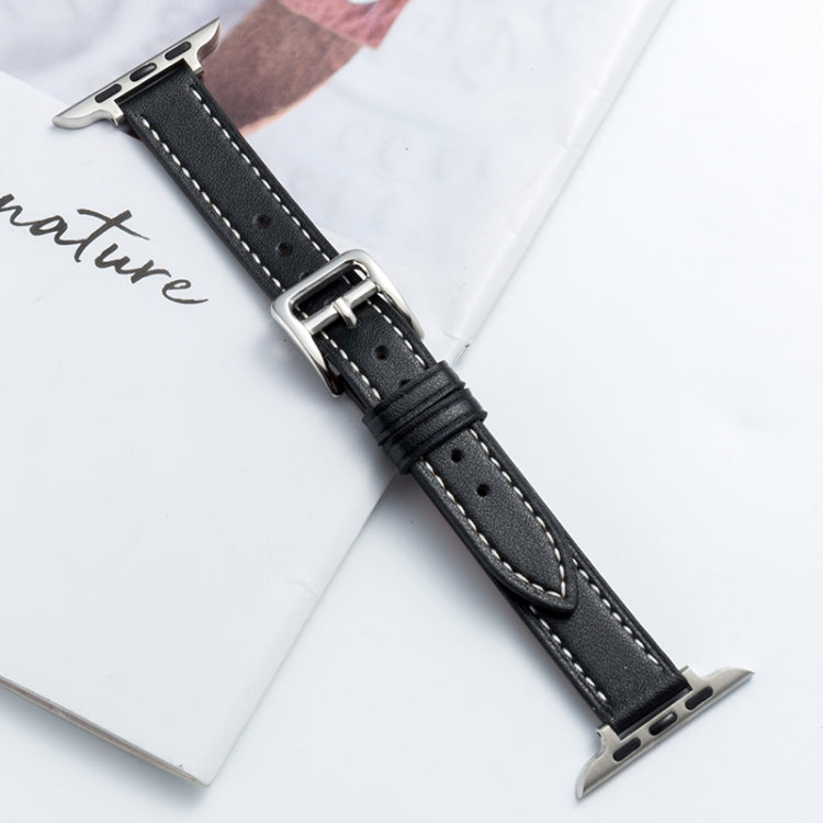 Microfiber leather pin buckle watch strap in black with stitched holes and metal buckle
