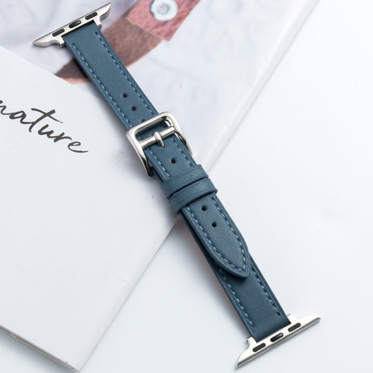Microfiber leather pin buckle watch strap in light blue with stitched holes and metal buckle