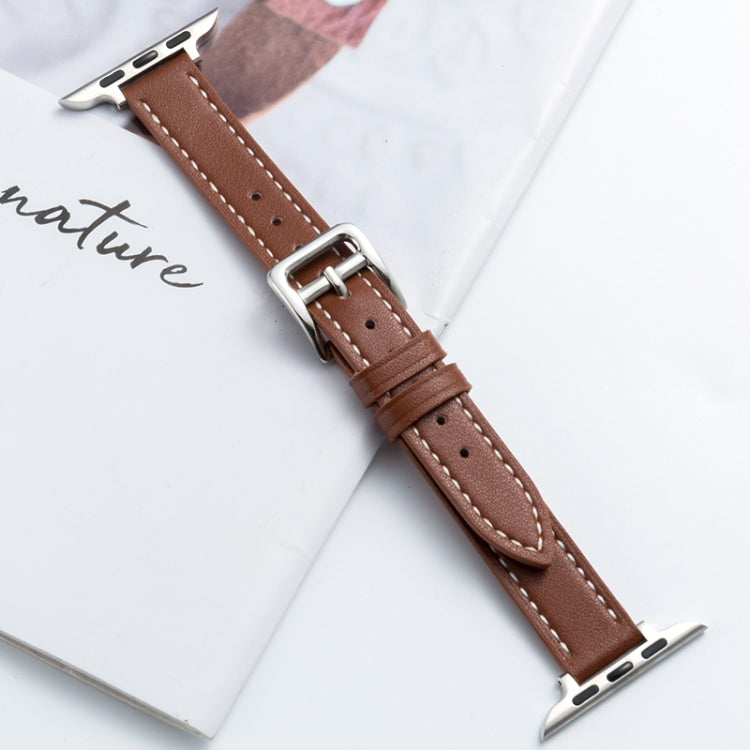 Microfiber leather watch strap, brown pin buckle with metal loop and stitched holes