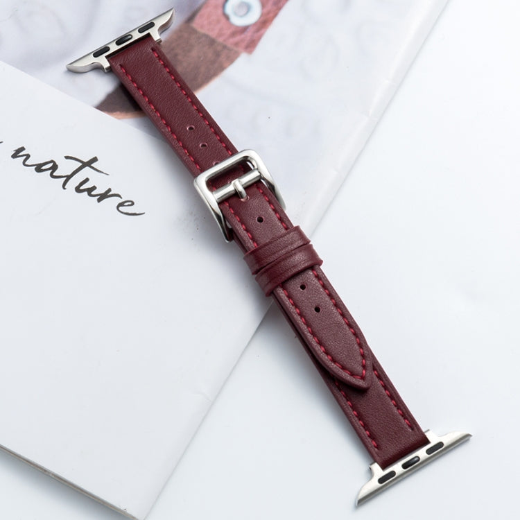 Microfiber leather watch strap, wine red pin buckle with metal loop and stitched holes