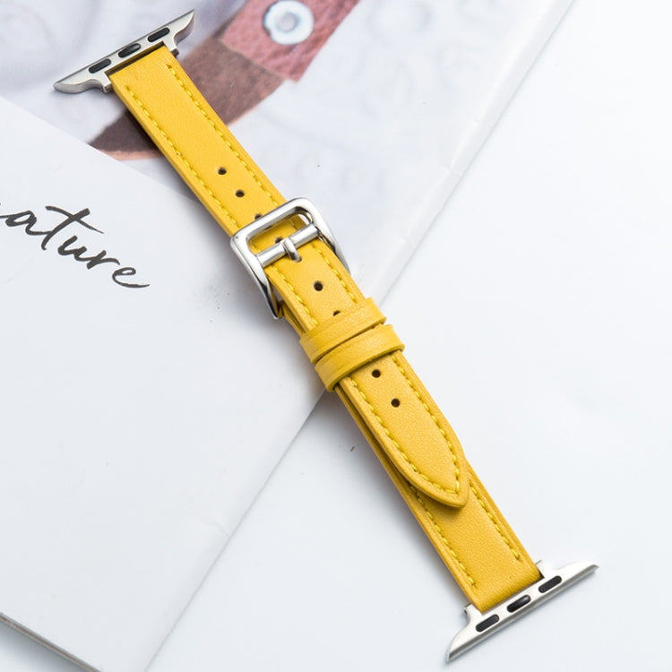 Microfiber leather watch strap, yellow pin buckle with metal loop and stitched holes