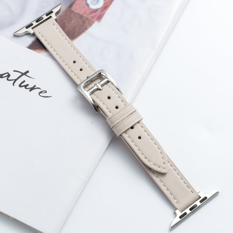 Microfiber leather watch strap, beige pin buckle with metal loop and stitched holes
