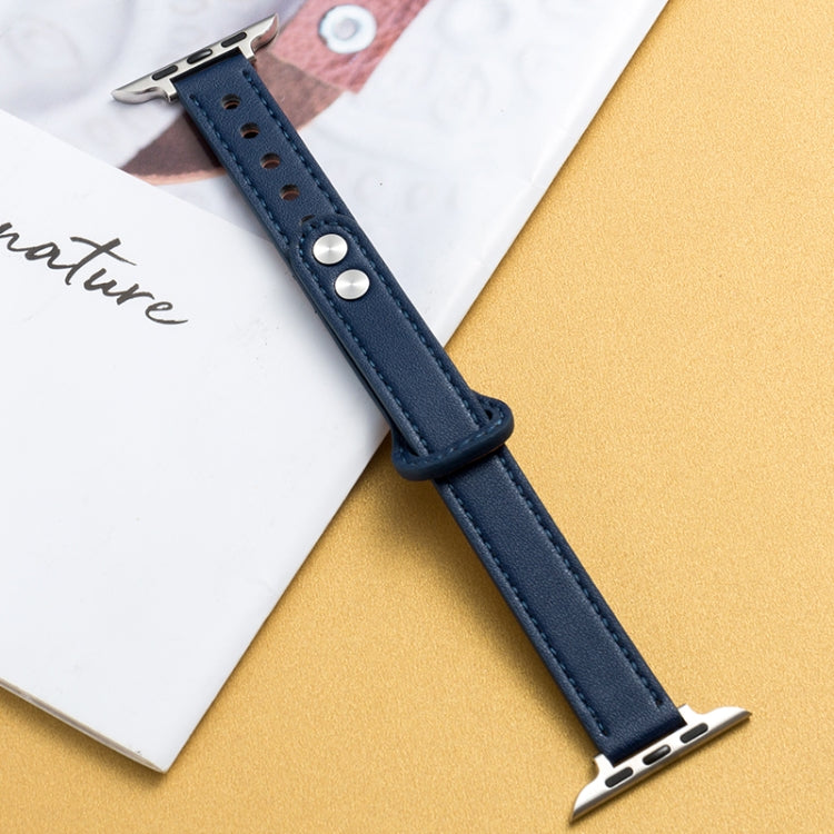 Blue microfiber leather watch strap with double buckle, metal pins and clasp, stitched edge.