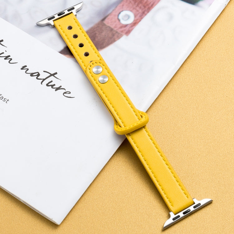 Yellow watch strap with double buckle, perforations, and silver-tone metal ends