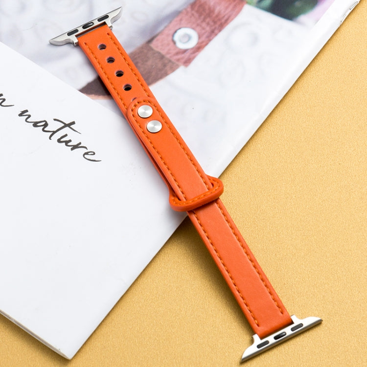 Orange microfiber leather watch strap with double buckle, metal pins and clasp, stitched edge.