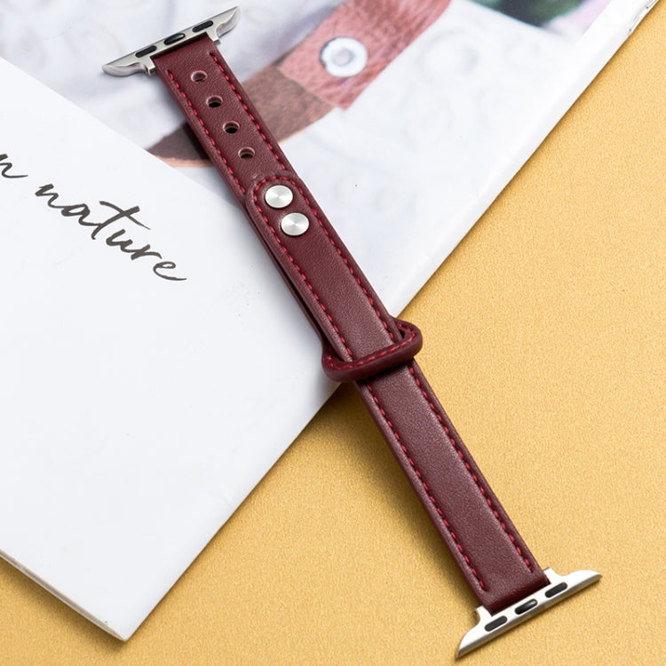 Wine red microfiber leather watch strap with double buckle, metal pins and clasp, stitched edge.
