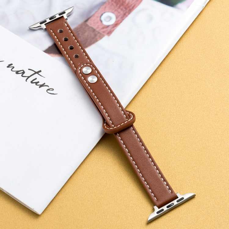 Brown microfiber leather watch strap with double buckle, metal pins and clasp, stitched edge.