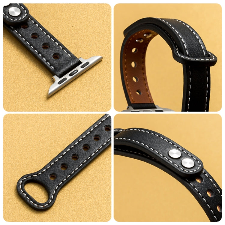 Black watch strap with double buckle, perforations, and contrast stitching