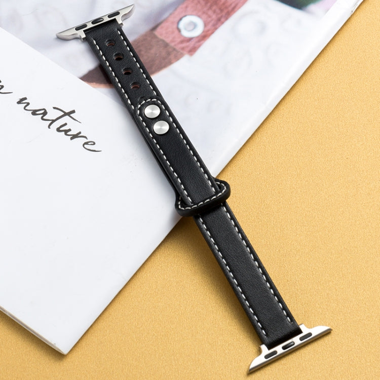 Black microfiber leather watch strap with double buckle, metal pins and clasp, stitched edge.