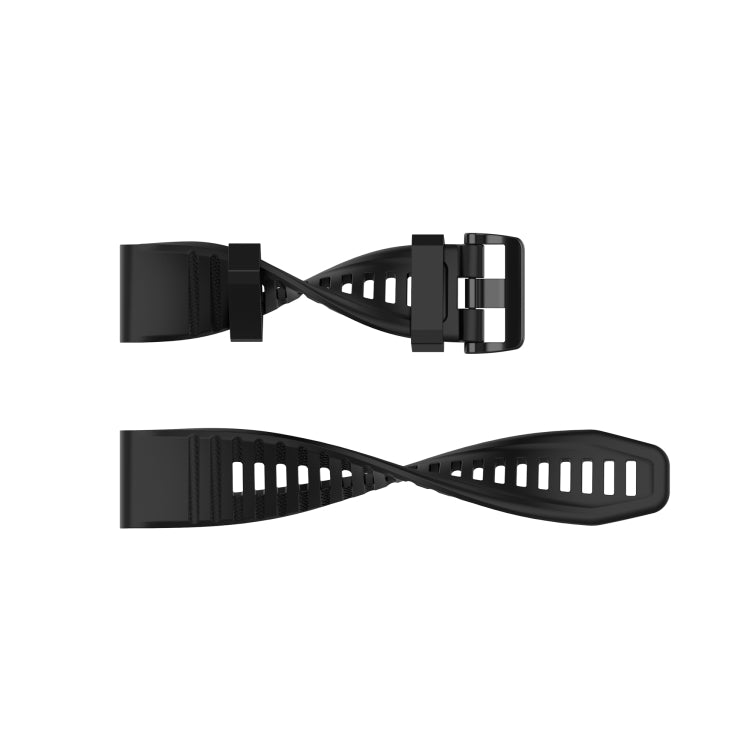 Black silicone watch strap with buckle ends and multiple vented holes.