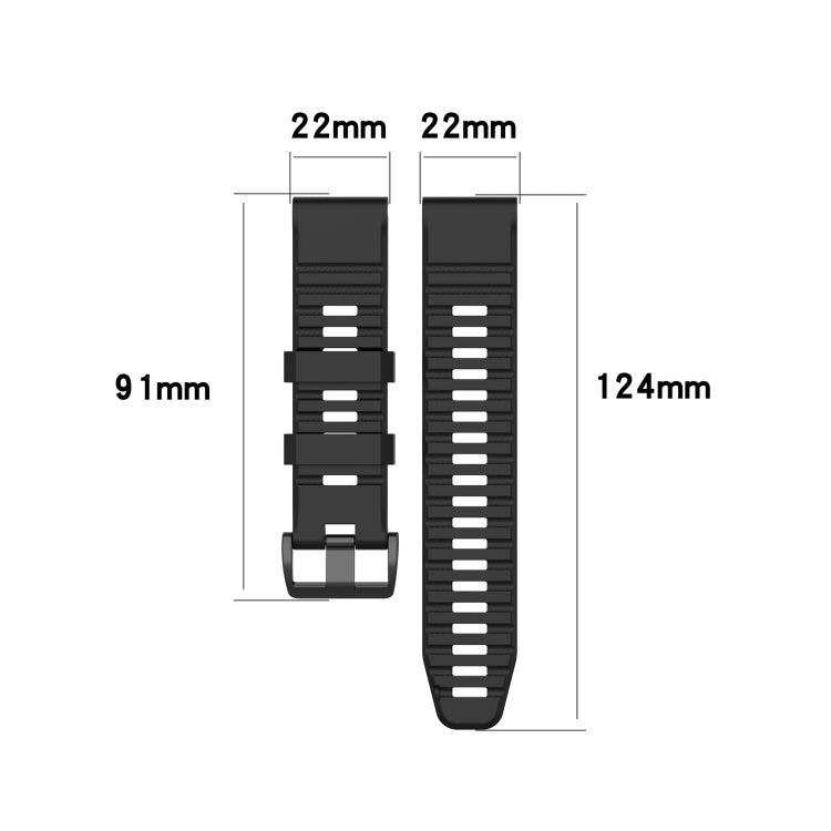Black silicone sports watch strap with labeled dimensions and adjustable holes.