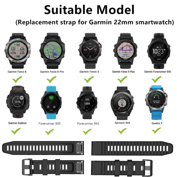 Replacement silicone sports strap for 22mm Garmin smartwatches, shown with compatible models.
