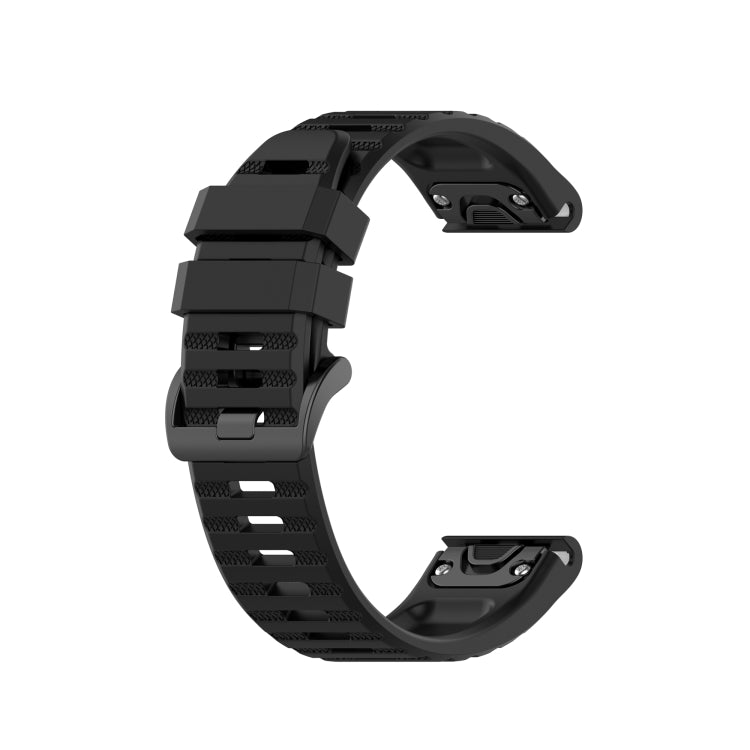 Black silicone sports watch strap with perforated band and adjustable buckle.