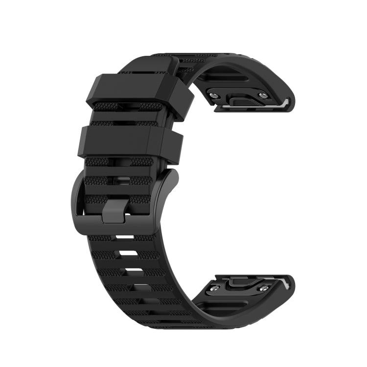 Silicone sports watch strap, black, with adjustable holes and secure buckle.