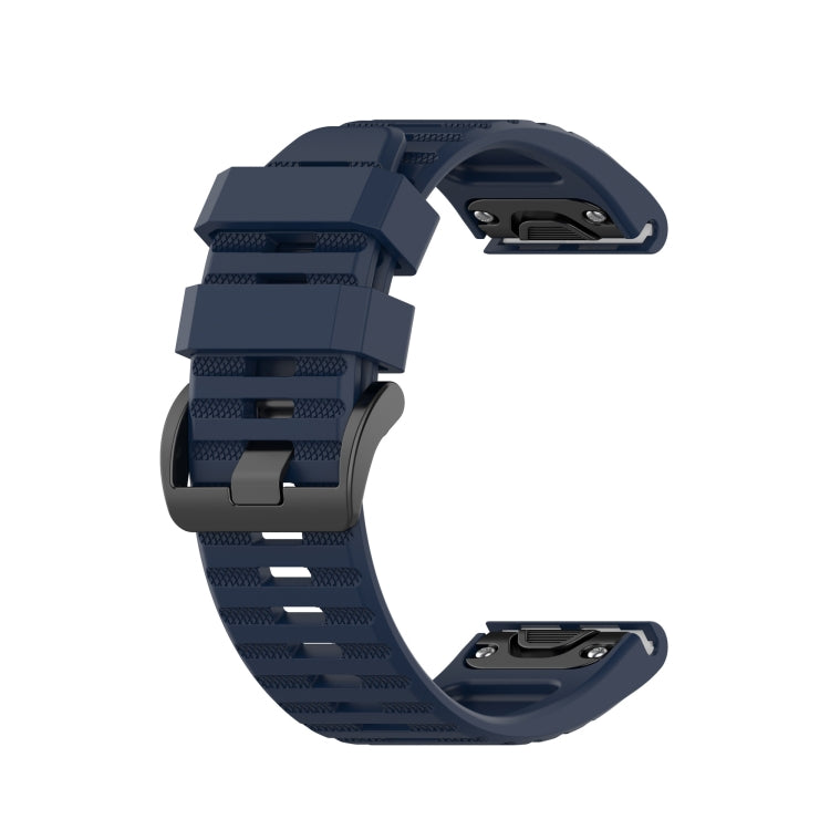 26mm navy silicone sports watch strap with perforated texture and quick-release pins