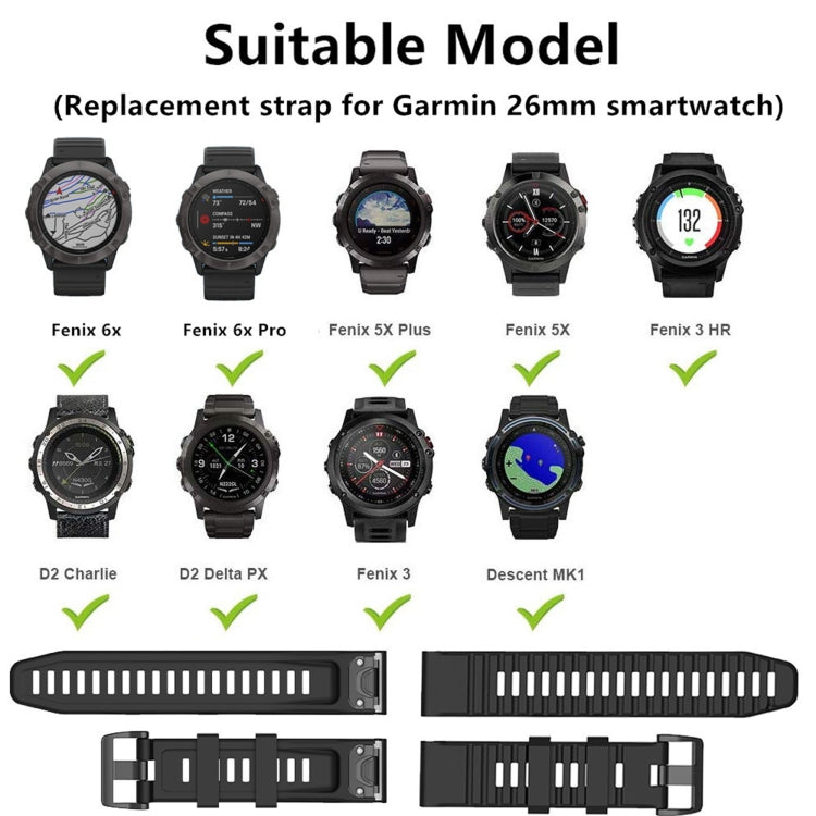 Silicone sports watch strap, black with adjustable holes and buckle.