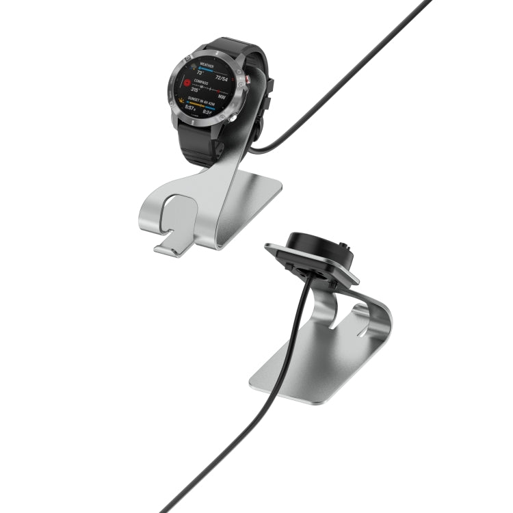 Metal smartwatch charger stand with watch cradle, gray finish and cable