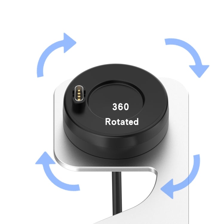 360° rotatable black charger dock on a silver metal smartwatch stand.