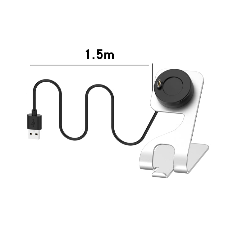 Smartwatch charger stand with black dock, silver arms, and 1.5 m USB cable length.