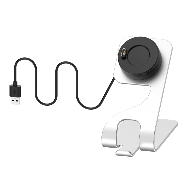 Metal smartwatch charging stand in black and silver with USB plug and cable.