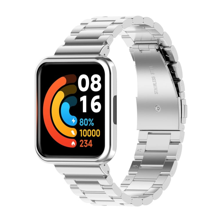 Silver metal watch strap with watch frame showing smartwatch screen