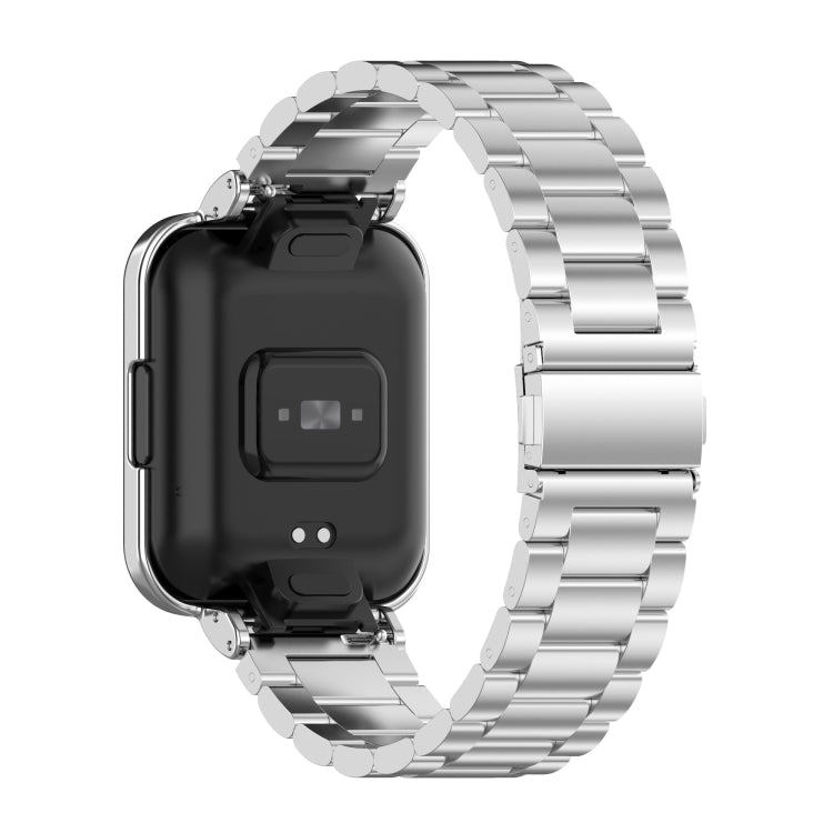 Silver metal watch strap with watch frame, back view of watch mount