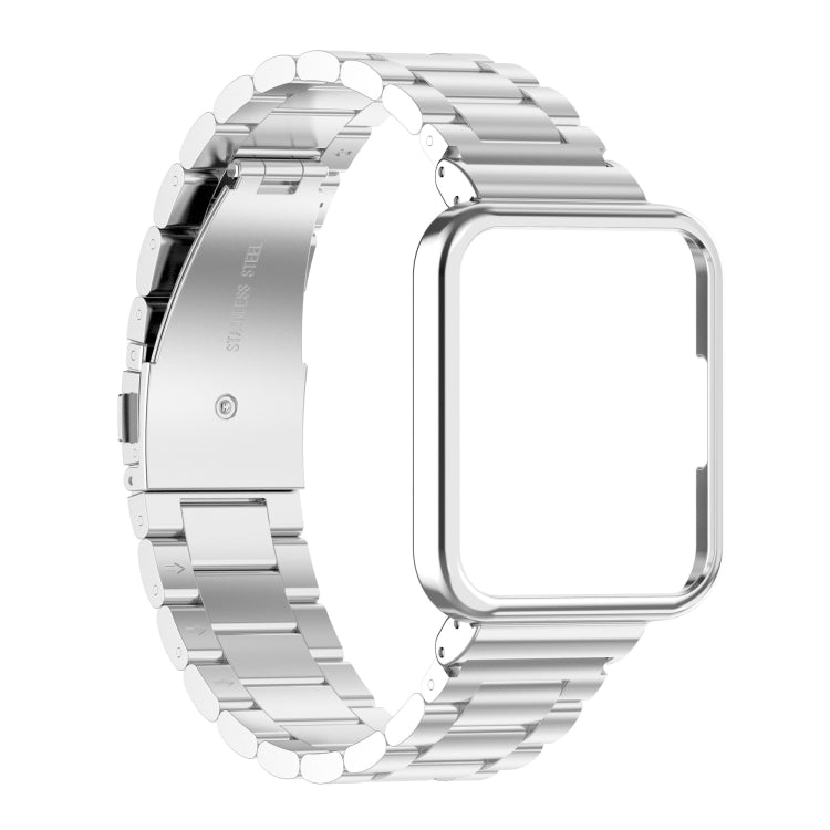White-silver metal watch strap with three-bead links and transparent watch frame