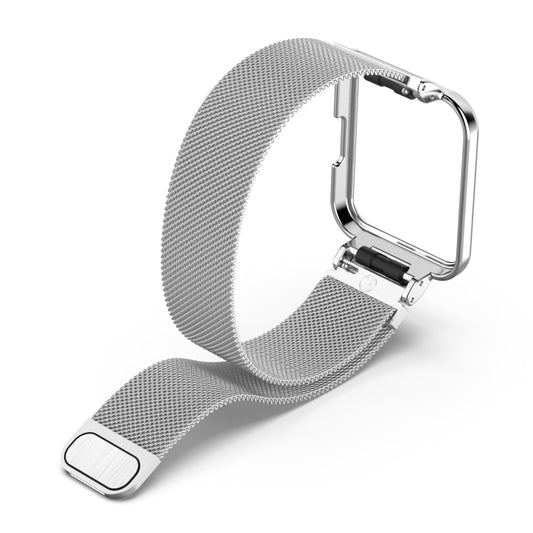 Silver metal mesh wrist strap with protective watch frame, shown at an angle