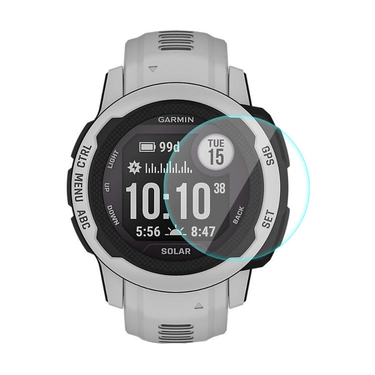 Tempered glass screen protector on gray Garmin smartwatch face, full coverage overlay