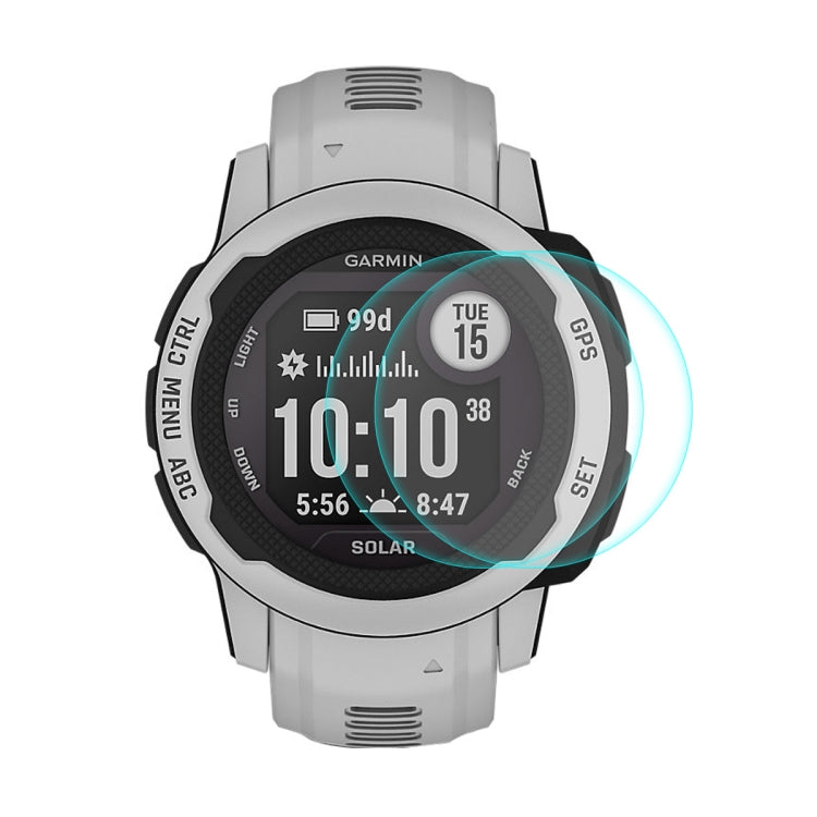 Tempered glass screen protector on gray Garmin smartwatch face with blue edge glow