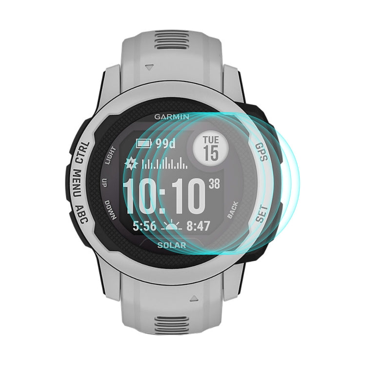 Tempered glass screen protector on gray Garmin smartwatch face with rounded coverage