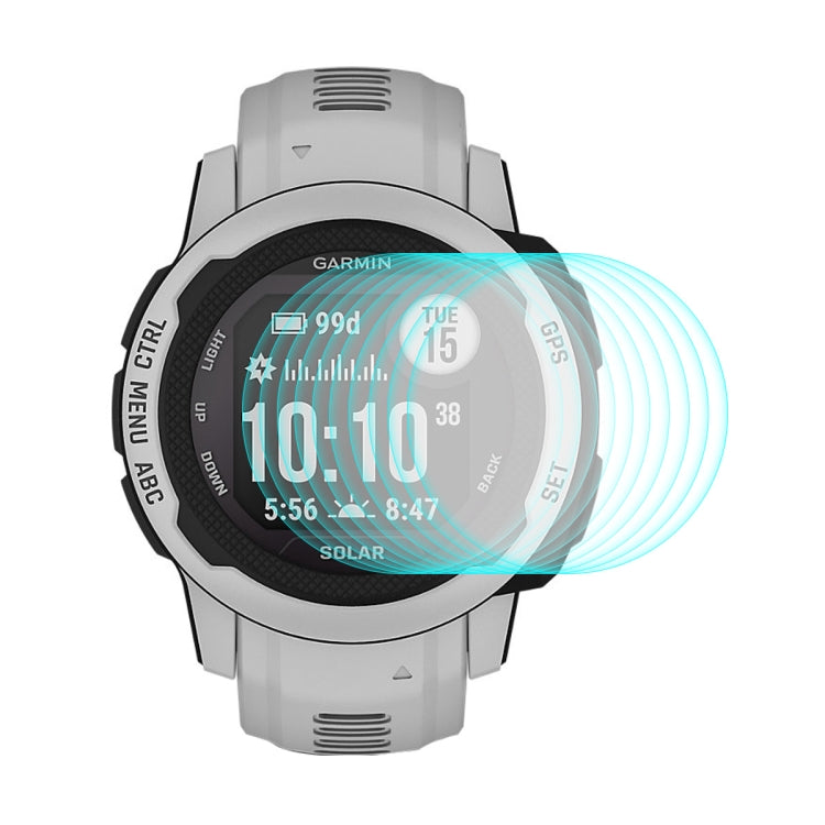 Tempered glass screen protector on gray Garmin smartwatch face with layered blue glow