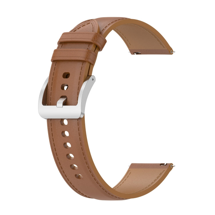 Tan calf-leather watchband with perforated holes and metal buckle, stitched edge
