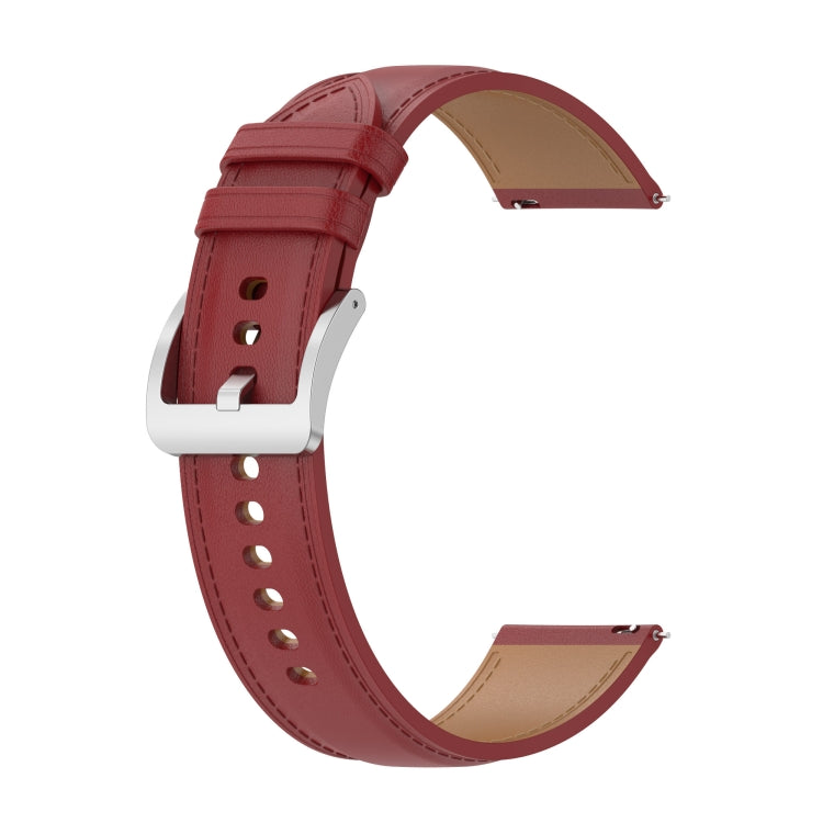 Red calf-leather watchband with perforated holes and metal buckle, stitched edge