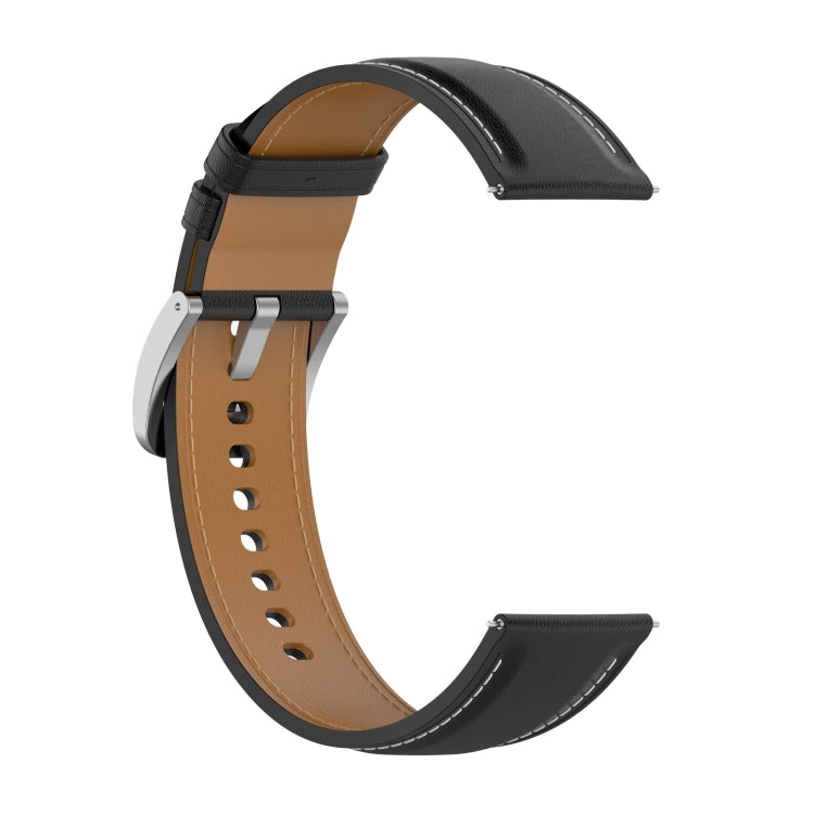Two-tone black and tan watch band with stitched edge, perforated holes, metal clasp