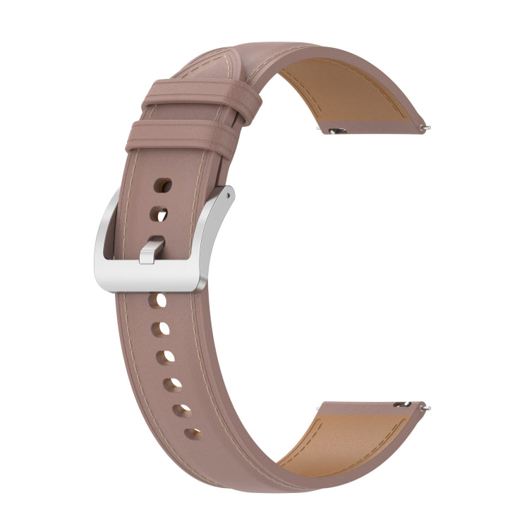 Beige calf-texture watchband with stitching, metal clasp, and perforation holes