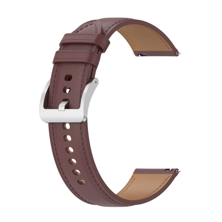 Maroon calf-texture watchband with stitching, metal clasp, and perforation holes