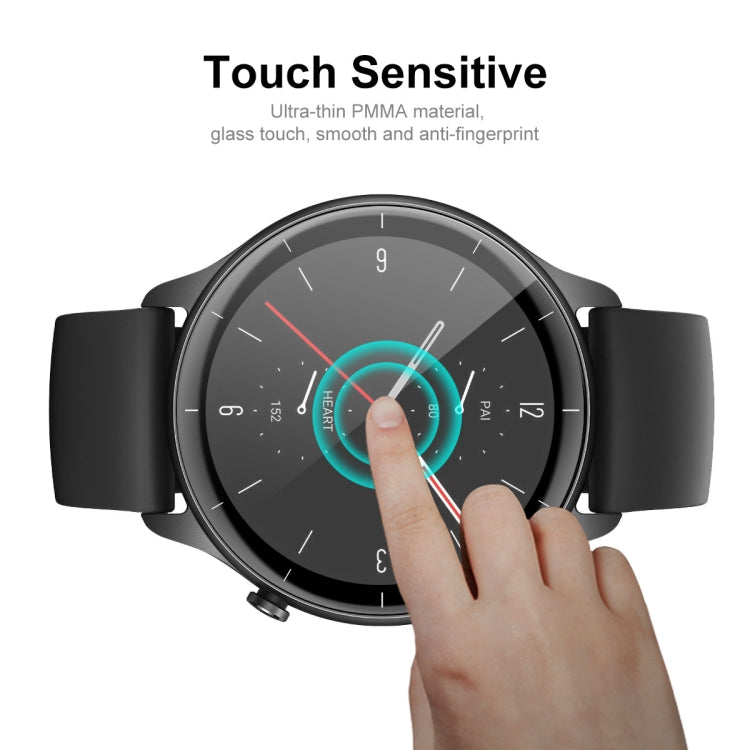 Touch-sensitive smartwatch screen protector film on a black watch display
