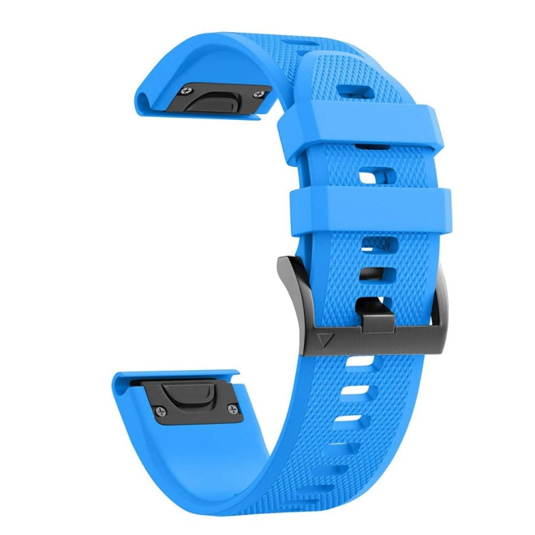 Silicone watch strap, sky blue with textured pattern and black buckle hardware.
