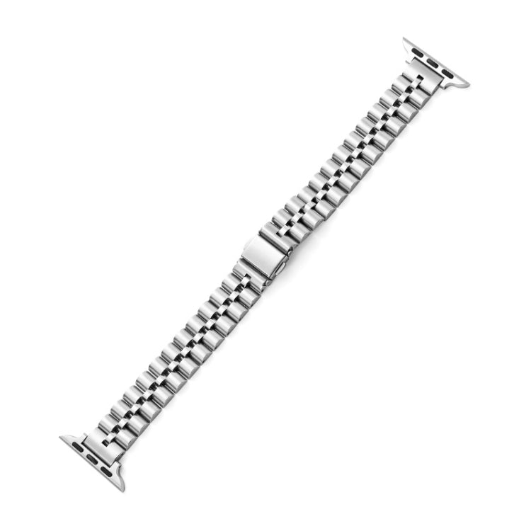 Half-round three-bead metal watch band, silver-tone link band with clasp