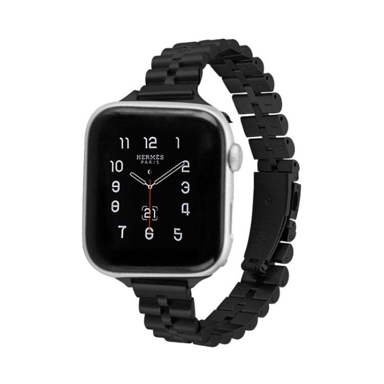 Half-round three-bead metal watch band, black-tone links with pin clasp