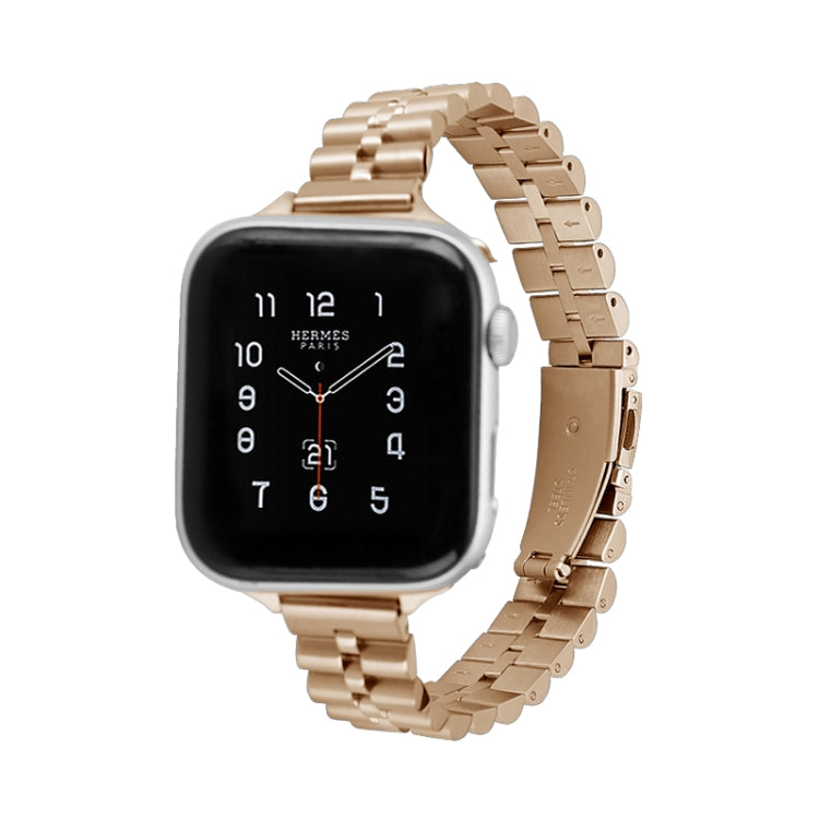 Half-round three-bead metal watch band, rose gold-tone links with pin clasp