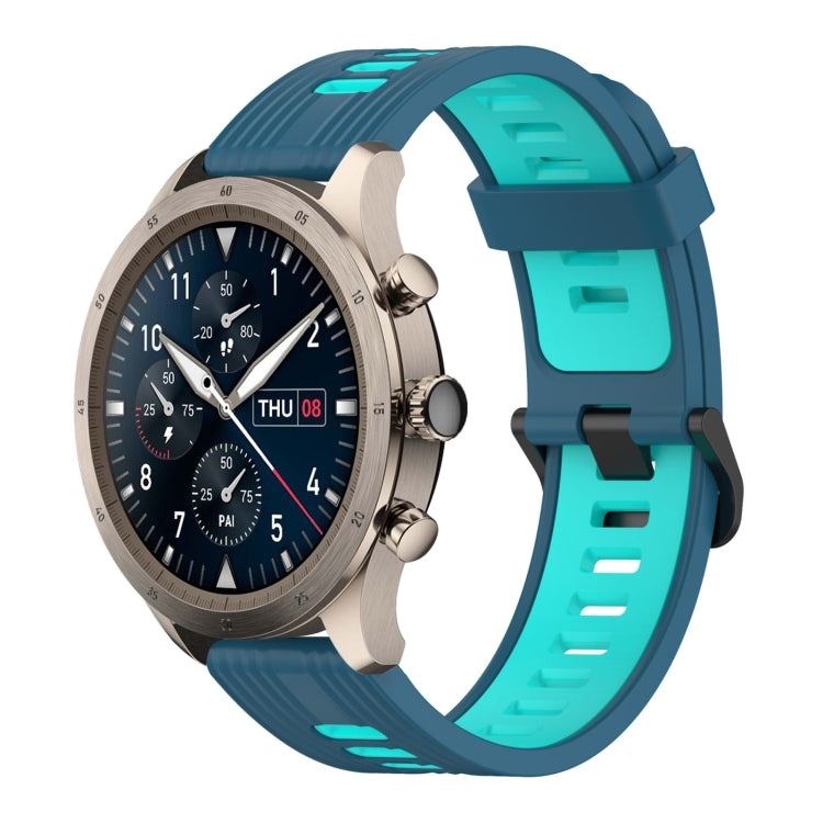 22mm two-tone silicone watch band with teal vertical pattern and buckle clasp