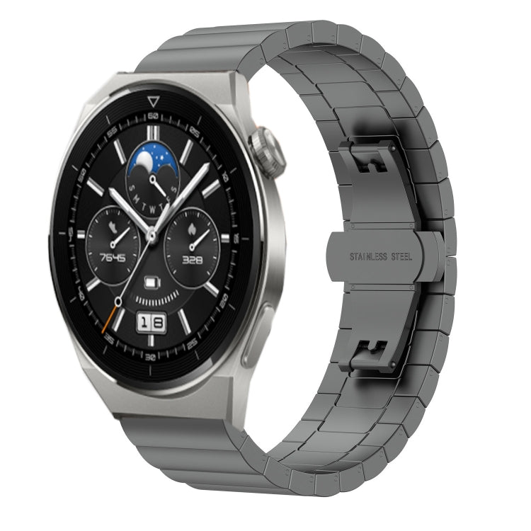 Gray metal smartwatch strap with link design and butterfly double buckle