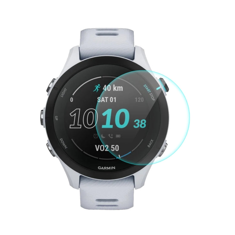Tempered glass screen protector for Garmin smartwatch, clear cover over the watch display.